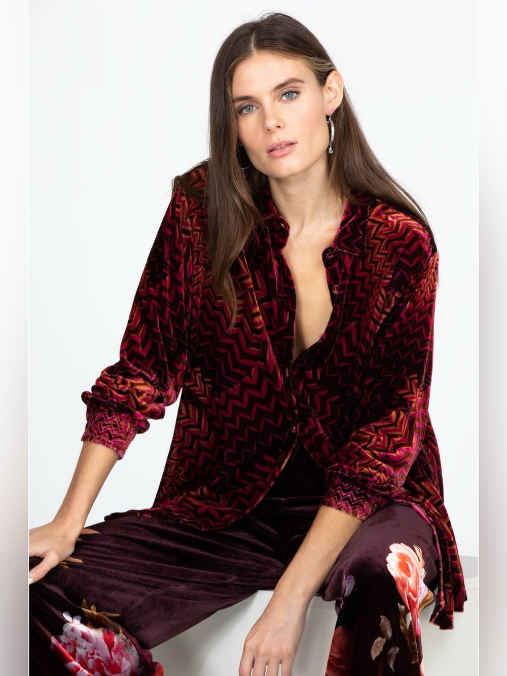 Johnny Was Belle Burn Out Velvet Chevron Burgundy Oversized Shirt